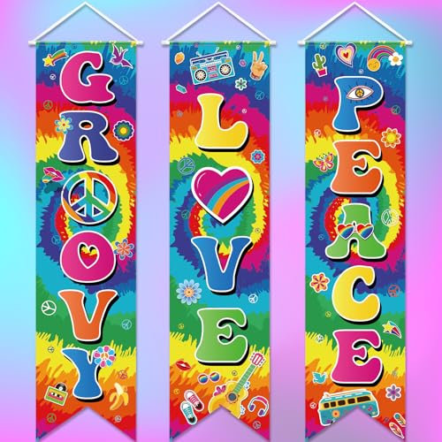 Chiisong 3 Stück 60er Jahre Party Dekorationen Groovy Love Peace Banner Hippie Proch Schilder 120 x 30 cm Wanddekoration für Retro 60er Jahre Motto Party Szene Setters Fotografie Hintergrund