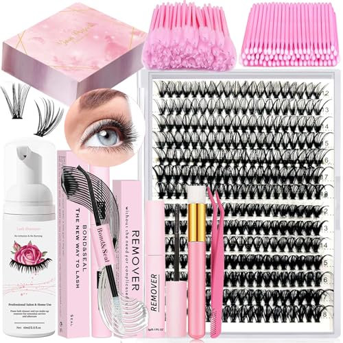 Qiveaory Kit d'extension de cil 280 pièces, 30+40 D, 12-18 mm, Cils individuels, Lash Bond et Seal