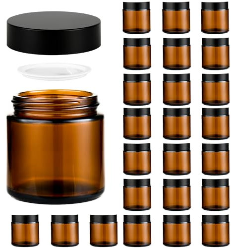 YONKAN Lot de 24 bocaux réutilisables en verre ambré de 118 ml avec bouchon anti-fuite à large goulot et couvercle intérieur à enfiler pour le rangement de maquillage, crèmes pour le visage, lotions