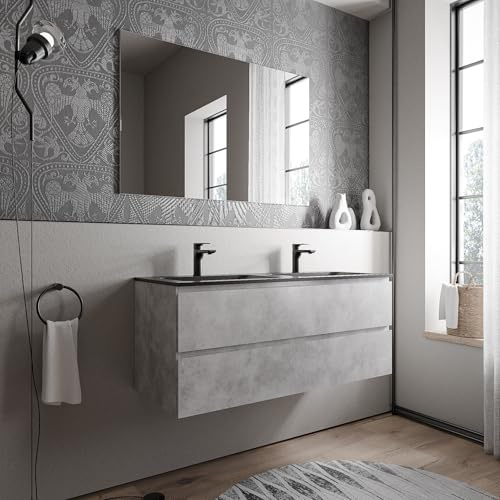 Bernstein Badmöbel-Set AVA 120cm bestehend aus Mineralguss-Doppel-Waschbecken mit Unterschrank in Beton, Waschtisch Cream - Schwarz matt mit Hahnloch, Ideal für große Bäder