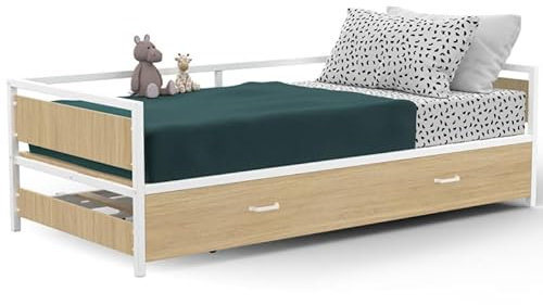 IDMarket – Cama de banco de 90 x 190 cm Detroit Convertible 180 x 190 cm, haya y blanco, estilo industrial