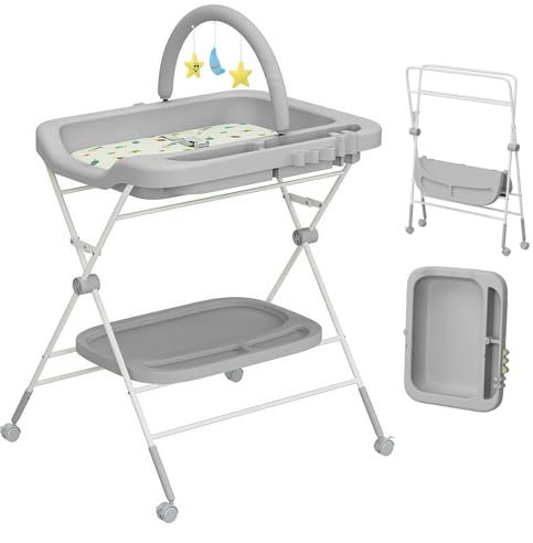 UBRAVOO Baby Tragbarer Wickeltisch, Zusammenklappbare Wickelstation mit Rädern, Höhenverstellbare Wickelstation mit Kinderzimmer-Organizer und Aufbewahrungsregal für Neugeborene (Grau)