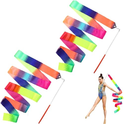 SGERUFZ 2 pièces bande de danse, 2m bandes de danse avec bâton, couleurs arc-en-ciel bande de gymnastique avec bâton, bande danse pour enfants gymnastique rythmique/danse enfantine/spectacle de danse