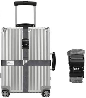 Sangle de Bagage Croisée avec Serrure - Ceinture de Valise Réglable avec Étiquette de Bagage - Accessoire de Voyage Pratique pour Koffer (Gris)