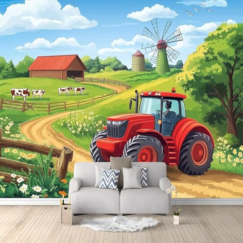 Vlies-Fototapete 300 x 210 cm, Cartoon Traktor Bauernhof, Bildtapete für Schlafzimmer und Musikzimmer, Grün