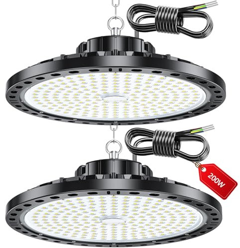 LAMLAMCK Projecteur LED Industriel - 2 Pack 200W 20000LM High Bay Eclairage Atelier avec Transformateur, IP65 Étanche Plafonnier LED, 6500k Blanc Froid Lampe Atelier pour Garage Usine Boutique