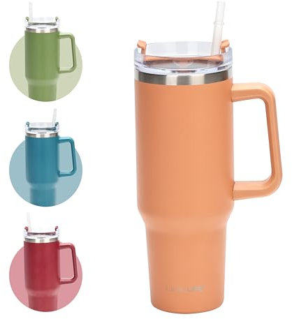 Ribelli Trinkflasche mit Strohhalm 1200ml - Thermobecher mit Griff, Trinkbecher mit Deckel, Doppelwandiger Thermosflasche aus Edelstahl, Auslaufsicher Trinkbecher für Wasser, Kaffee, Eistee, Orange
