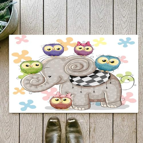 OHJEAJDS Badezimmerteppich rutschfest Badematte 60 x100 cm,Badteppich Saugfähig Weich Maschinenwaschbar für Badezimmer,Niedlicher Cartoon-Elefant und fünf Eulen auf einem Blumenhintergrund