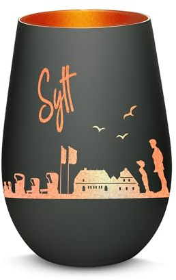 Gravur-Max Windlicht mit 360° Gravur Skyline Sylt Deko Glaslicht als tolles Geschenk mit Einer hochwertigen Lasergravur zu jedem Anlass in der Farbe Schwarz/Bronze