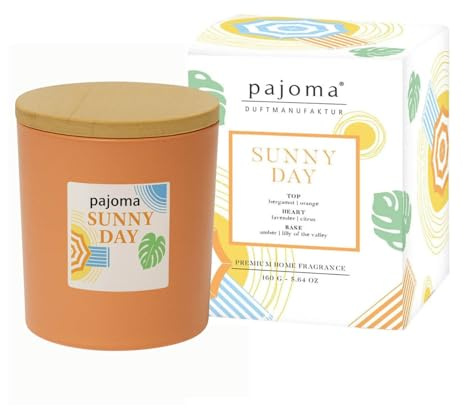 6x Duftkerze im Glas Sunny Day, 140 g mit Bambusdeckel 27 Std. Brenndauer, intensiver Duft Kerze in Geschenkverpackung | Sonnige Frische aus Bergamotte, Orange & Lavendel - Luxus-Deko für Zuhause