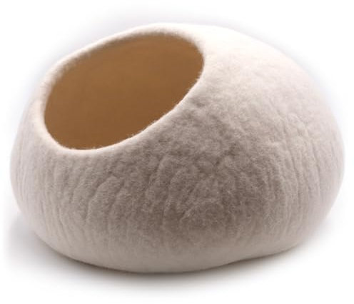 Miauff Katzenhöhle aus Filz – Handgefertigte Kuschelhöhle aus 100 % Merino-Wolle – Hygienisch, geruchsneutral & stilvoll​, ca. 45x45x30 cm (weiß, mit Lammfell)