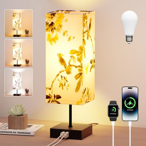 Yeeklab Nachttischlampe Touch Dimmbar, Nachttischlampe mit Ladefunktion, 2 USB Anschlüsse, 3 Farbtemperatur, Modern Kleine LED Tischlampe mit Kabel für Schlafzimmer, Wohnzimmer, Fensterbank