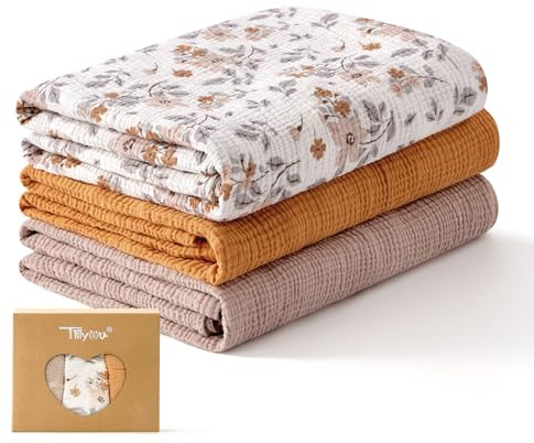 TILLYOU 3er Set Musselintücher Baby Pucktuch 75x100 cm Musselin Decke Baby Pucktücher 100% Baumwolle Babydecke, Gelber Jasmin
