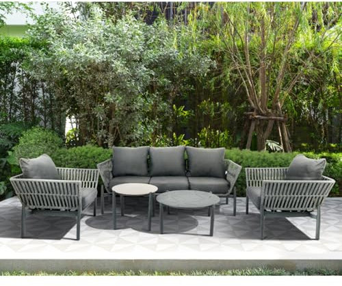 Campo Limon Lounge-Gartensitzgruppe Inca, 5-teilig, Aluminium Grau, 3-Sitzer Sofa mit 2 Sesseln und 2 Beistelltischen, Rope-Geflecht