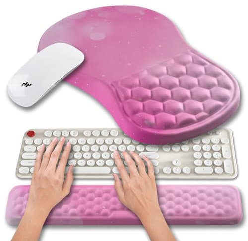 Hokafenle 2 in 1 Ergonomic Mouse Pad Wrist Support & Wrist Rest for Computer Keyboard Set, with Relieve Carpal Tunnel Pain Massage Bulge and Full Memory Gel Design (2In1 Set, Sweet Pink)