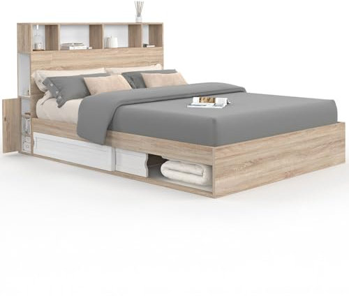 IDMarket - Doppelbett Clem mit Stauraum + Kopfteil und Lattenrost, 140 x 190 cm, Buche und Weiß
