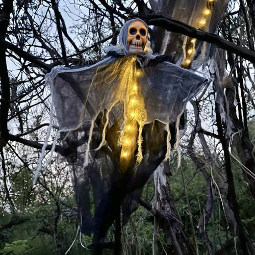 Halloween-Hof-Dekorationen, gruselige, realistische Skelett-Geister-Hängedekoration, beleuchtet, eindringliche Halloween-Requisite für Hof, Baumhaus, Party, 80 x 60 x 8 cm, Schwarz