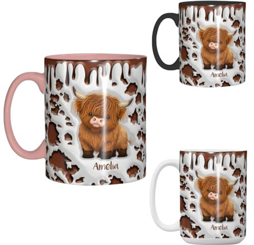 Custom Name Highland Cow Mug Personalised Mugs with Name Travel Coffee Cup Highland Cow Gifts for Women Highland Cows Decor Birthday Gifts for Her Highland Cattle Tea Mug Mothers Day Cups Presents