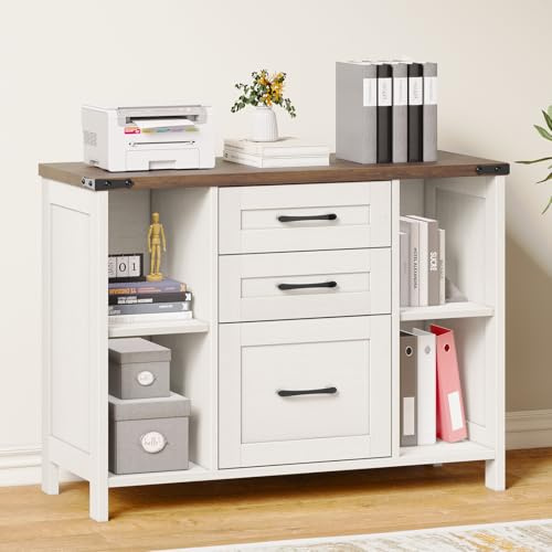 BonVache Farmhouse Lateral Filing Cabinet, 3 Drawers Wooden File Cabinet | Adjustable Open Shelves, Printer Stand Fits Letter/A4 Size, Storage Cabinet for Home Office, White