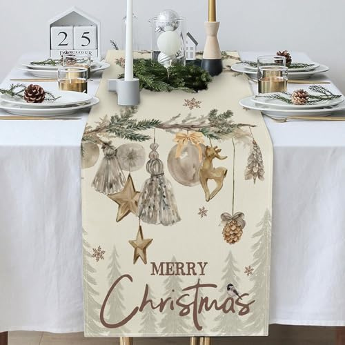 SSKHE Tischläufer Weihnachten 33x183cm mit Bäumen Hirschen Glocken Schneeflocken, Winter WeihnachtenTischdekoration für Küche Esszimmer Party, Weihnachtstischdecke Elegant Weihnachtsdeko