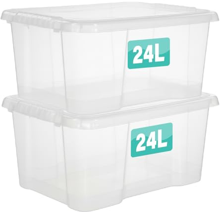 2 x 24 Litre Clear Plastic Storage Boxes With Lids Set of 2, Transparent Multipurpose Nestable Stackable Plastic Box With Lid Containers For Home, Kitchen, Garage, Office, Accessories