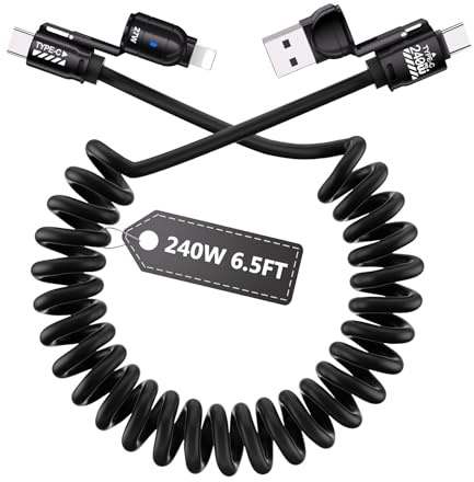 Homailida 4 in 1 Multi Charger Cable, 240W Fast Charging Retractable USB C Cable, Data Transfer for Apple Car Play & Android Auto, USB-A/C to Type-C/L Port Compatible for iPhone iPad Android, 2M