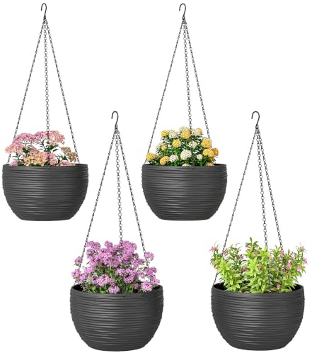 Outsunny Blumentopf Aufhängbar mit Löcher Metallketten 4er Set Schwarz | Pflanzkübel, Runde Pflanztöpfe, Pflanztopf, Selbstbewässerungssystem, Blumenkübel, Blumen Tomaten, Garten Balkon Outdoor