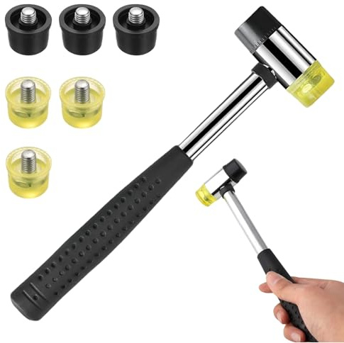 GUOYOU Martillo Goma, 25mm Martillo Pequeño para Montaje Reparación | Ligero Duradero Mango Mazo de Goma Adecuado 6 Cabezales Repuesto para Muebles Bricolaje Elaboración Cuero Fabricación