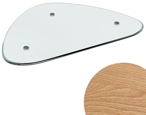 Fijinhom Klein Couchtisch in Holzfarb, Dreieckiger Wohnzimmertisch im Mid-Century Design, Glastisch mit 8mm Gehärtetem Glas & 18mm MDF-Beinen, Klarglas, 80x48x40cm