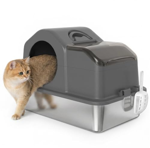 PawHut Maison de Toilette pour Chat Côtés Hauts 60,5x40,5x45cm Gris Foncé | Couvercle Amovible, Bac à Litière Chat Fermé, Pelle, Sans Odeur, Non Collant, Anti-Fuite, Facile à Nettoyer