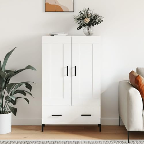 LoogCape Hochglanz-Weißes Highboard 69,5x31x115 cm aus Holzwerkstoff mit viel Stauraum für Wohnzimmer Esszimmer Flur Schlafzimmer Küche und Büro, inklusive Wandhalterung für sicheren Stand
