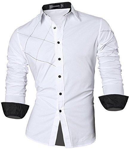 Sportrendy Homme Chemises Casual Manches Longues Mode Men Slim Fit Long Sleeves Dress Shirt Tops JZS044 White S