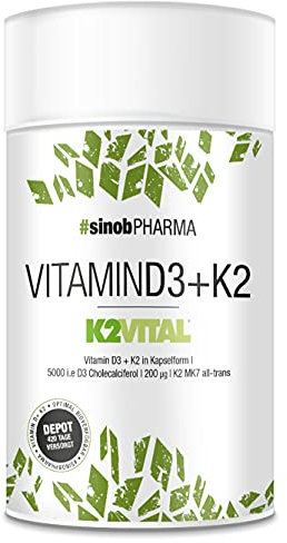 Vitamin D3+K2-5000 I.E + 200 μg Vitamin K2 Depot 1 x 60 D3 K2 Kapseln Hochdosiert mit 99,7% Garantiert All-Trans MK7 (K2Vital® von Kappa) Für Vegetarier geeignet