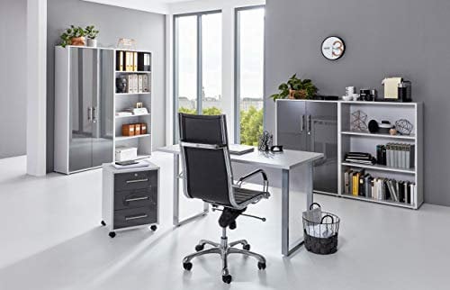 BMG-Moebel.de Büromöbel komplett Set Arbeitszimmer Office Edition Mini in Lichtgrau/Anthrazit Hochglanz (Set 1)