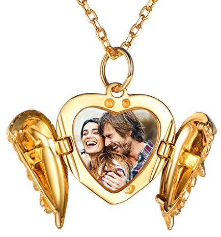 SILVERCUTE personalisiert Foto Kette 925er Silber Anhänger mit Rolokette 18k vergoldet Engelsflügel Herz Medaillon für Photo Bilder Amulett Modeschmuck für Valentinstag Muttertag
