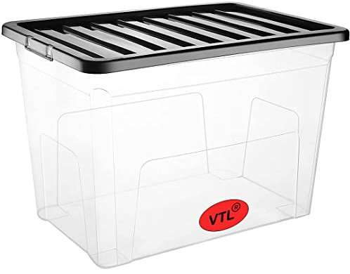 VTL 5 x 80L 80 Litre X Large Plastic Storage Clear Box Strong Stackable Container Black Lid (Pack of 5) MADE IN UK