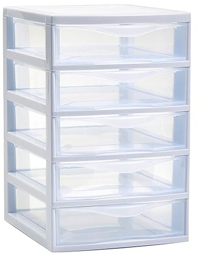Acan Tradineur - Cajonera guadiana de sobremesa, incluye 5 cajones transparentes, torre de almacenaje, armario, baño, oficina, fabricada en España (Blanco, 28 x 18 x 21,5 cm, modelo aleatorio)