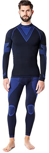 Ladeheid Herren Winter Thermounterwäsche Funktionsunterwäsche Set Langarm Shirt Lange Unterhose Thermoaktiv LAGI003 (Schwarz/Marineblau, L)