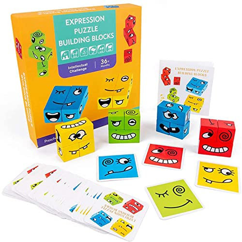 Gesichter Puzzle Bauwürfel Ausdruck Holzpuzzle, PECHTY Gesichter Spiel Ausdruckspuzzle Würfel Montessori Lernspielzeug für Kinder, SUMAIRS Emoji Blöcke Holzspielzeug Weihnachten Geschenk (Retro)
