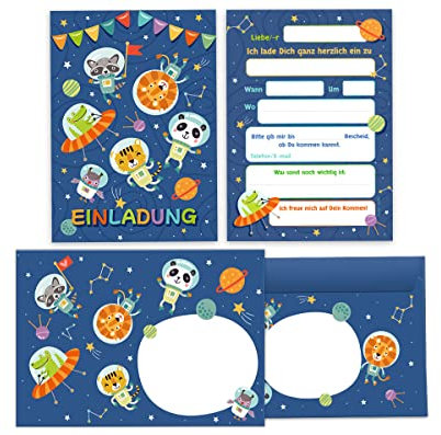 12 Einladungskarten incl. 12 Umschläge zum Kindergeburtstag Jungen Mädchen Astronautenparty Weltall Geburtstagseinladungen