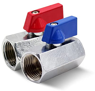 DOJA Barcelona | Mini Vanne Arret | 2 Robinet d'Arrêt 3/8” | PN16 Femelle-Femelle | Laiton | 2 Manettes Metal Bleu, Rouge | Vanne Quart de Tour pour Reducteur de Pression Eau, Robinet WC, Plomberie