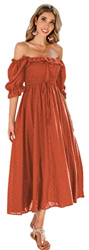 R.Vivimos Women's Polka Dot Slim Half Sleeve Puff Flare Sleeve Square Neck Tie Long Midi Dress(Large,Orange#2)