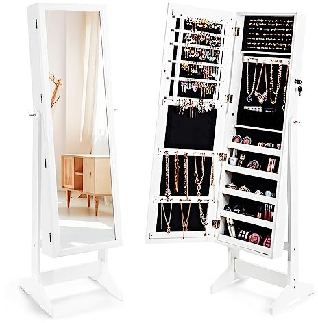 RELAX4LIFE Schmuckschrank mit Ganzkörperspiegel, Spiegelschrank mit 108 Ohrringschlitzen, 36 Ohrringlöchern, 98 Ringschlitze, 18 Haken&5 Ablagen, Schmuckregal mit 4 Neigungswinkel&Schloss (Weiß)