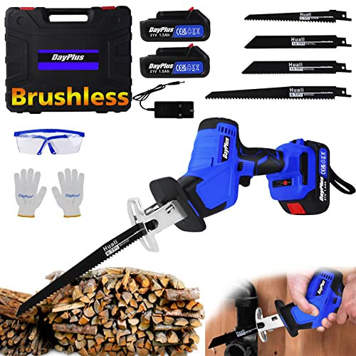 7Sevenjokers 21V Li-Ion Battery Powered Brushless Reciprocating Cordless Saw with 2x1.5Ah Batteries and Charger, 0-1900SPM Variable Speed, 4 Blades Wood/Metal/PVC Pile Cutting Electric Blue+black
