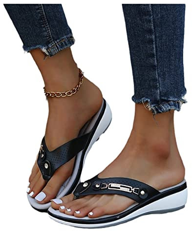 Sandalias Ortopédicas con Separador De Dedos Chanclas De Diamantes De Imitación De Moda for Mujer Flip-Flops De Cuero PU De Verano Zapatillas Plataforma Zapatos De Playa (Color : Black, Size : 40 EU