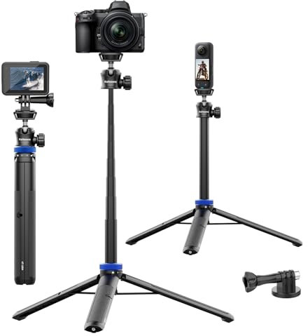 Kaitezenz - Trípode selfie para cámara Gopro, trípode extensible de 62 pulgadas con cabeza de bola de 360° tornillo de 1/4 pulgadas, trípode portátil ligero para cámara GoPro Max Hero 11, 10, 9, 8, 7,