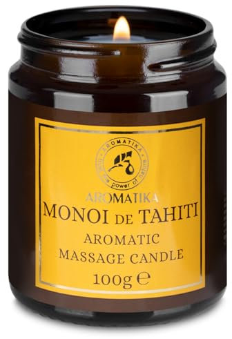 Massagekerze Monoi de Tahiti 100 g - Sojawachs Kerze - Duftkerze mit Kokosöl - Monoi de Tahiti-Öl - Vanille-Oleoresin - Aroma Kerze - Entspannung - Körperpflege - Aromatherapie