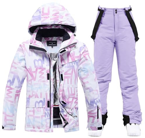ALSOGO Damen Skijacke & Skihose Set Skianzug 2 teilig Schneeanzug 10.000mm Wasserdicht Schneejacke Winddichte Schneehose mit Abnehmbare Kapuzen Trägern zum Skifahren Snowboarden TY304 Lila XL