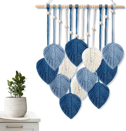 ASMPCUE Makrame Wand Hängende Blätter, Boho Wand Dekor Kunst Feder Tapestry, Handgemachte Garn Quasten Dekorationen mit 12-Blättern für Wohnzimmer, Schlafzimmer, Wohnung Wanddeko, 20 X 27.5 Zoll, Blau