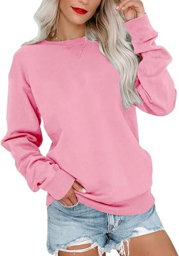 VIGVAN Damen Sweatshirt Pullover Elegant Basic Langarmshirt Rundhals Baumwolle Pulli Herbst Winter Casual Oberteile Langarm Tops (Rosa-1, M)
